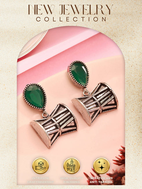 Oxidised Silver Toned Emerald AD Zircon Studded Handcrafted Damru Shaped Studds Earrings