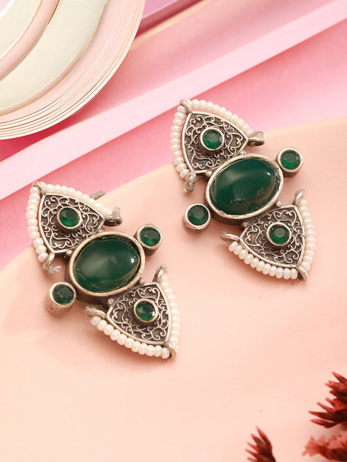 Oxidised Silver Toned Green Stone Studded Unique Pearl Beaded Handcrafted Studds earrings