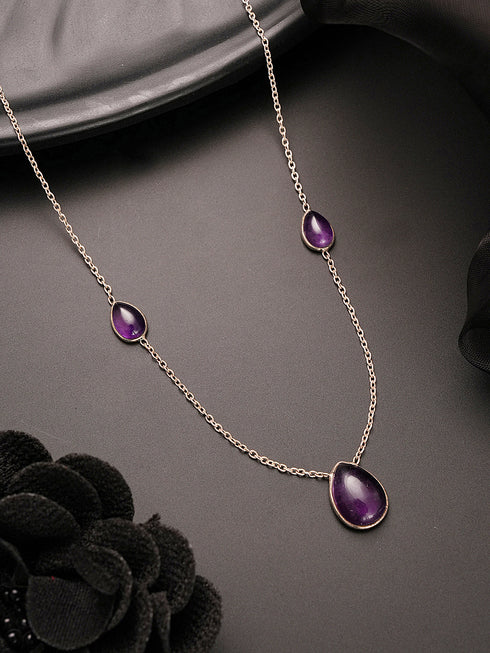 925 Sterling Silver Amethyst Gemstone Studded Minimal Boho Necklace & Chain