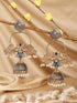 Oxidised Dual Toned Pearl Beaded Floral Peacock Design Contemporary Hoop Jhumka Earrings