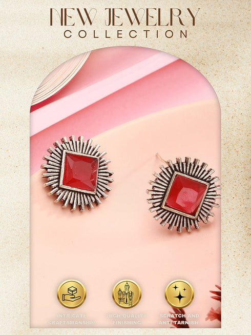 Oxidised Silver Toned Ruby Red Stone Studded Geometric Square Shaped Minimal Studds Earrings