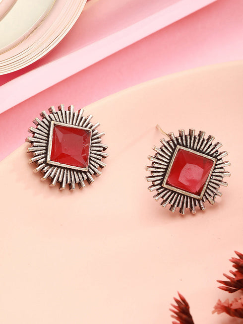 Oxidised Silver Toned Ruby Red Stone Studded Geometric Square Shaped Minimal Studds Earrings