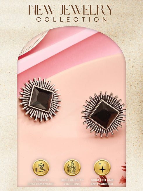 Oxidised Silver Toned Black Stone Studded Geometric Square Shaped Minimal Studds Earrings