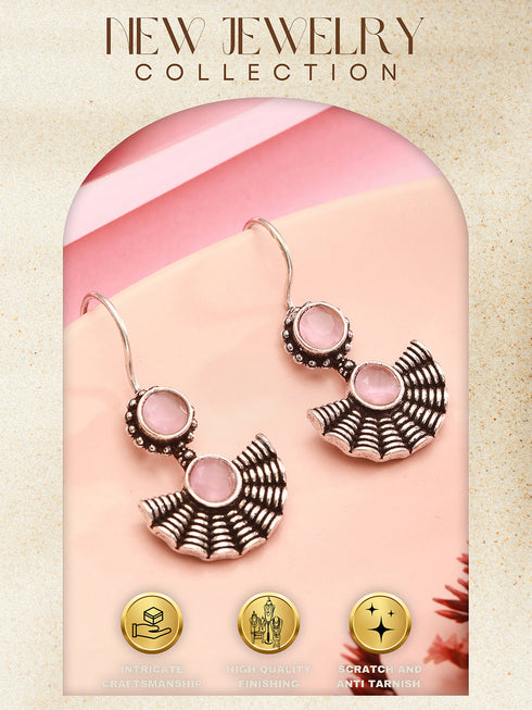 Oxidised Silver Plated Pink Stone Studded Minimal Fan Shaped Fishhook Earrings