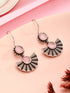 Oxidised Silver Plated Pink Stone Studded Minimal Fan Shaped Fishhook Earrings
