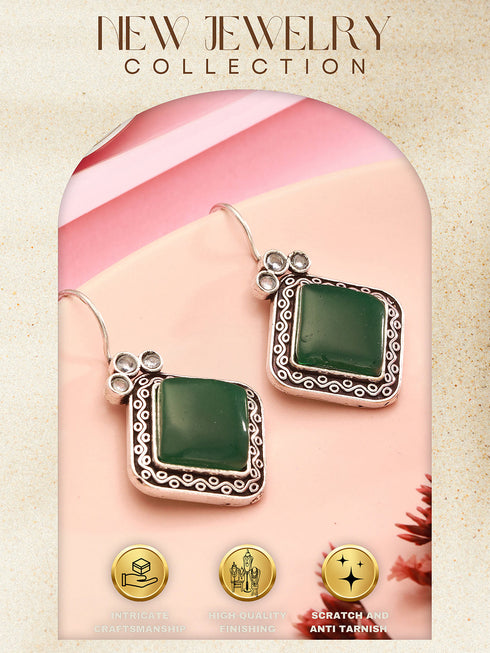 Silver Oxidised Plated Green Stone Studded Square Minimal Fish Hook Earrings