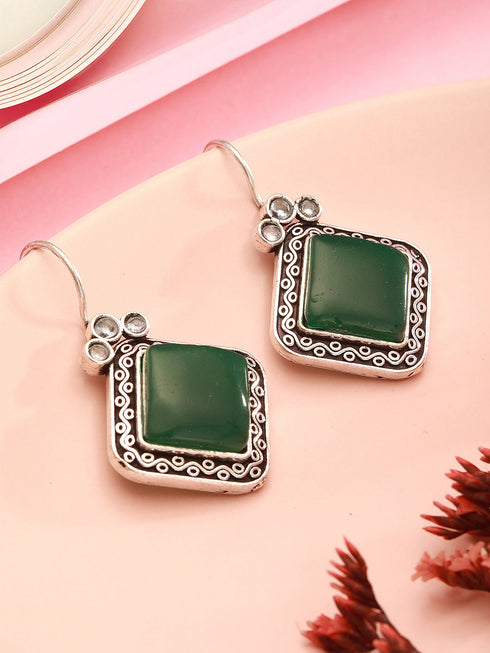 Silver Oxidised Plated Green Stone Studded Square Minimal Fish Hook Earrings