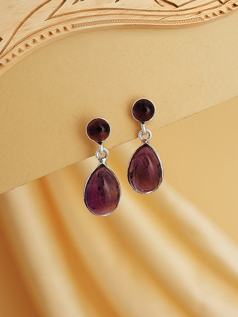 925 Sterling Silver Rhodium Natural Amethyst Gemstone Minimal Handcrafted Drop Earrings