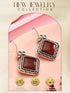 Oxidised Silver Plated Red Stone Studded Square Minimal Fish Hook Earrings