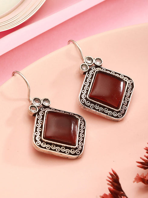 Oxidised Silver Plated Red Stone Studded Square Minimal Fish Hook Earrings