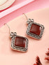 Oxidised Silver Plated Red Stone Studded Square Minimal Fish Hook Earrings
