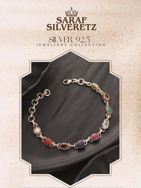 925 Silver Navratna Natural Gemstones Studded Handmade Minimal Delicate Charms Adjustable Bracelet
