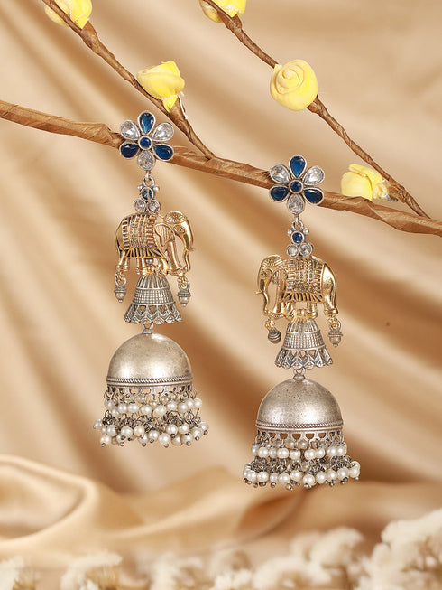 Oxidised Silver Toned Pearl Beaded Floral Elephant Design Contemporary Dangler Jhumka Earrings