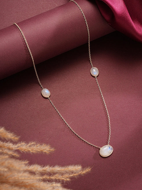 925 Sterling Silver White Moonstone Gemstone Studded Minimal Boho Necklace & Chain