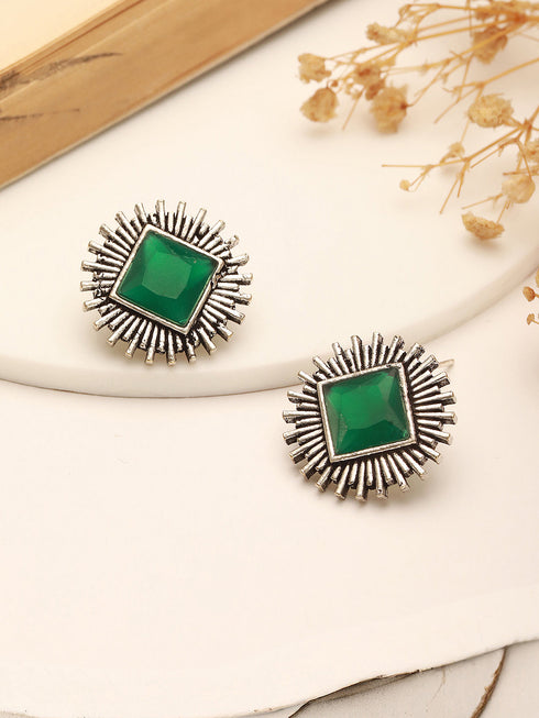 Oxidised Silver Toned Emerald Green Stone Studded Geometric Square Shaped Minimal Studds Earrings