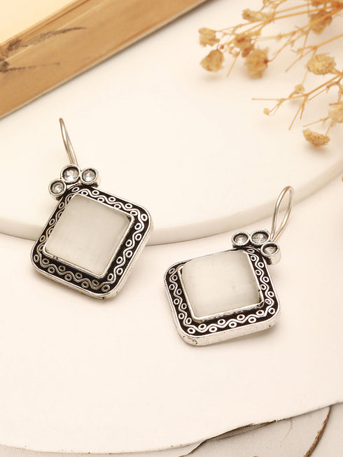 Silver Oxidised Plated White Stone Studded Square Minimal Fish Hook Earrings