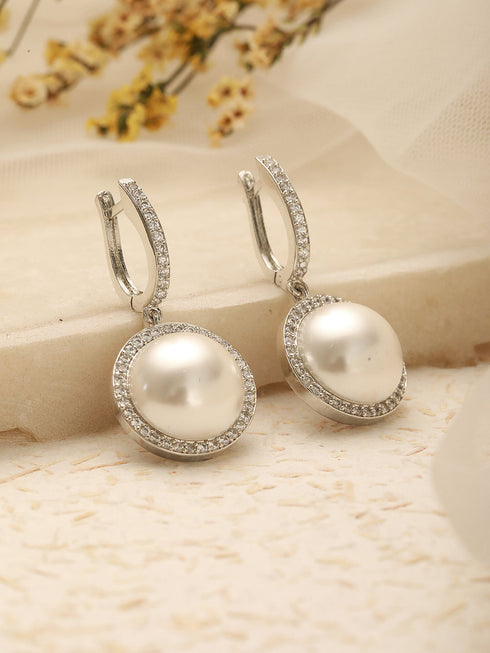 Silver Plated AD Studded Circular Pearl Drop Minimal Bali dangler Earrings