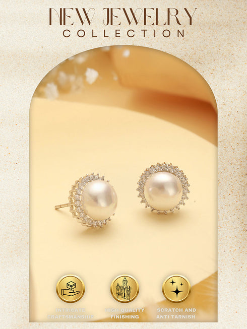 White Rhodium AD & Pearl Studded Classic Minimal Solitaire Studds Earrings