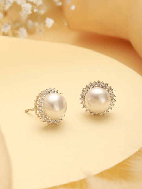 White Rhodium AD & Pearl Studded Classic Minimal Solitaire Studds Earrings