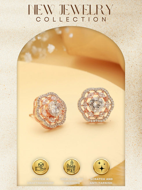 Rose Gold Polished White AD Studded Floral Minimal Solitaire Studds Earrings