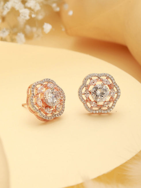 Rose Gold Polished White AD Studded Floral Minimal Solitaire Studds Earrings