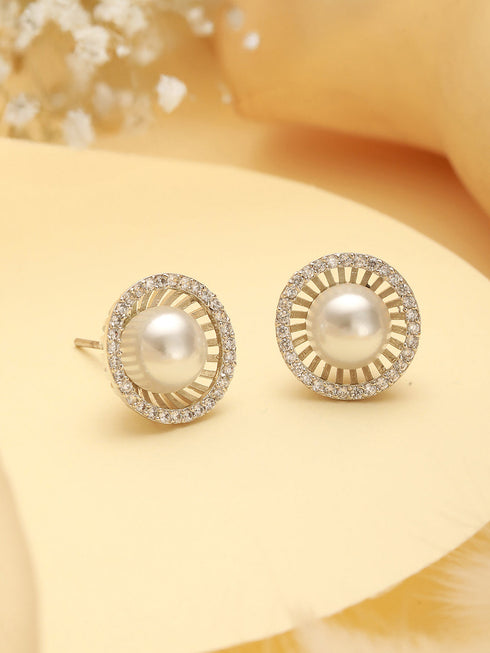 Silver Plated AD Studded Orbital Pearl Minimal Studds Earrings