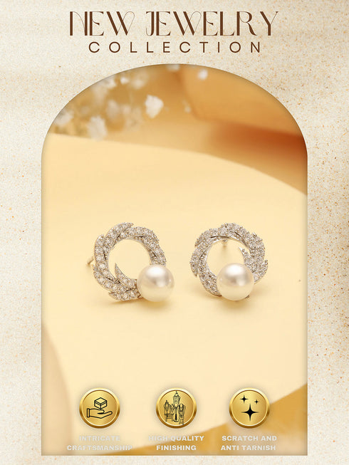 Silver Plated AD & Pearl Studded Floral Minimal Contemporary Studds earrings