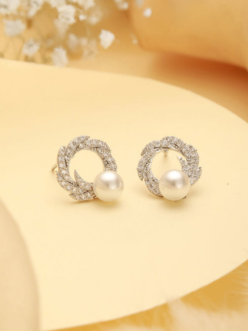 Silver Plated AD & Pearl Studded Floral Minimal Contemporary Studds earrings