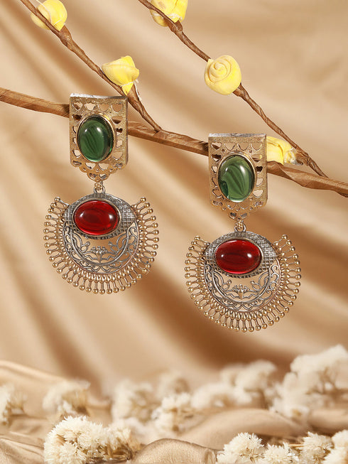 Antique Gold-Toned Dual Red & Green Stone Engraved Handcrafted Dangler Earrings