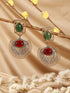 Antique Gold-Toned Dual Red & Green Stone Engraved Handcrafted Dangler Earrings