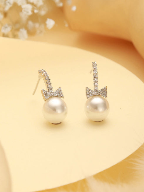 White Rhodium Plated AD & Pearl Studded Bow Pearl Drop Minimal earrings