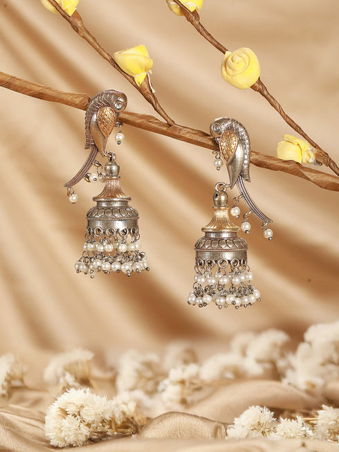 Antique Gold-Toned Parrot Motif Pearl Beaded Handcrafted Jhumka Earrings
