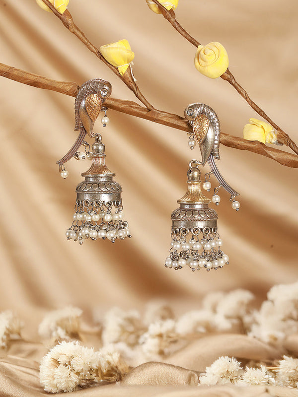 Antique Gold-Toned Parrot Motif Pearl Beaded Handcrafted Jhumka Earrings
