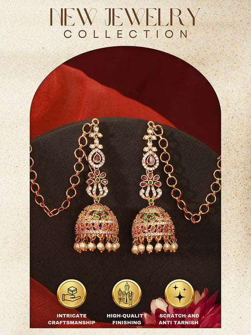 Gold Plated Zircon AD Studded Floral Bridal Matil Earchain Earrings