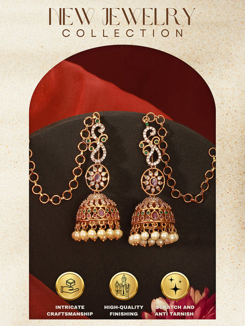 Gold Plated Zircon AD Studded Red Floral Bridal Matil Earchain Earrings