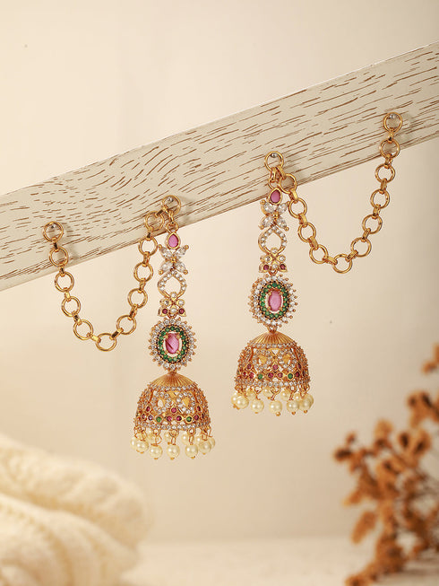 Antique Gold Plated Ruby Red Zircon AD Studded With Matil Earchain Earrings