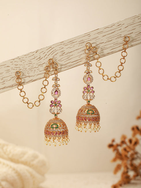 Gold Plated Zircon AD Studded Floral Bridal Matil Earchain Earrings
