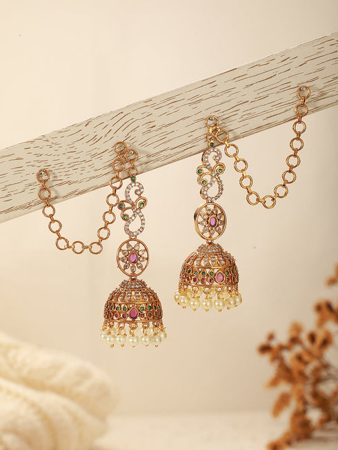 Gold Plated Zircon AD Studded Red Floral Bridal Matil Earchain Earrings