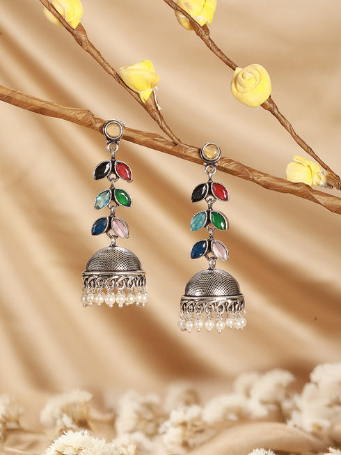 Oxidised Silver Toned Multicolored Handcrafted Leaf Design Dangler Minimal Jhumka Earrings