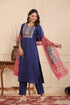 Women Navy Blue Solid Straight Embroridery Kurta Set