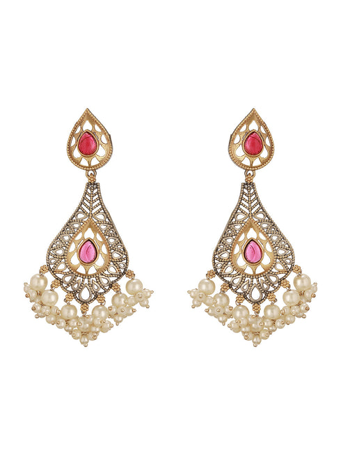 Oxidised Red Stone Studded Filigree Handcrafted Dangler Chandbali Earrings