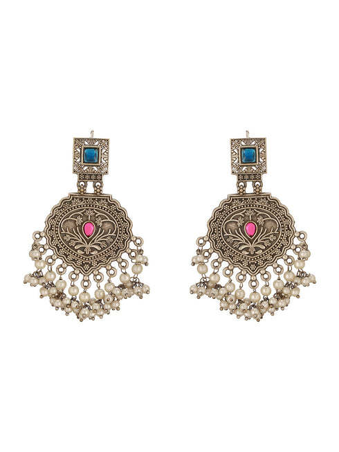 Oxidised Silver Toned Intricate Handcrafted Pearl Beaded Dangler Trendy Chandbali earrings
