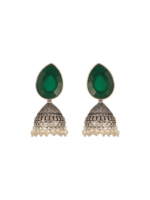 Oxidised Silver Toned Emerald Green Stone & Pearl Beaded Filigree Handcrafted Minimal Jhumka earrings