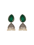 Oxidised Silver Toned Emerald Green Stone & Pearl Beaded Filigree Handcrafted Minimal Jhumka earrings
