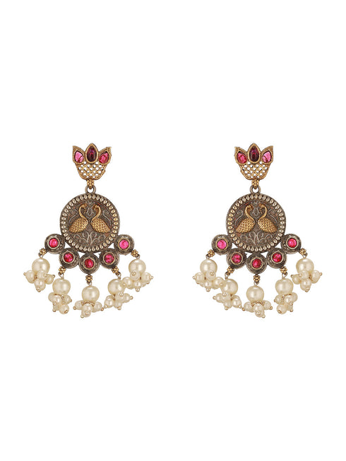 Oxidised Dual Toned Red Stone Pearl Beaded Handcrafted Peacock Filigree Chandbali Earrings
