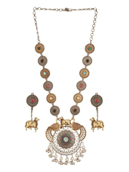 Oxidised Dual Toned Statement Peacock & Bull Motif Tribal Haram Pendant Style Jewellery Set