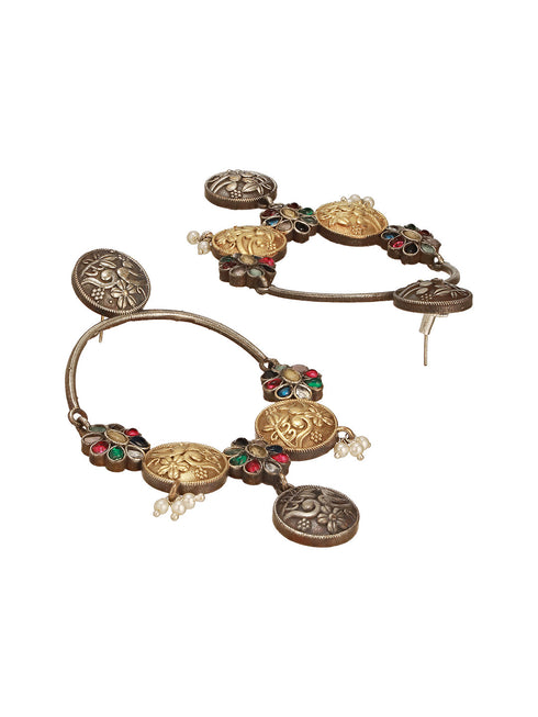 Oxidised Dual Toned Red Stone Pearl Beaded Handcrafted Floral Filigree large Hoop Chandbali Earrings