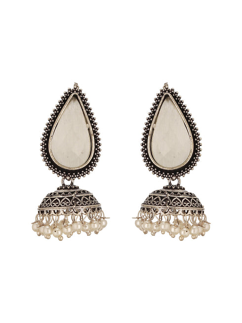 Oxidised Silver-Toned White Stone & Pearl Beaded Teardrop Stone Handcrafted Jhumka Earrings