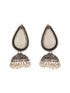 Oxidised Silver-Toned White Stone & Pearl Beaded Teardrop Stone Handcrafted Jhumka Earrings