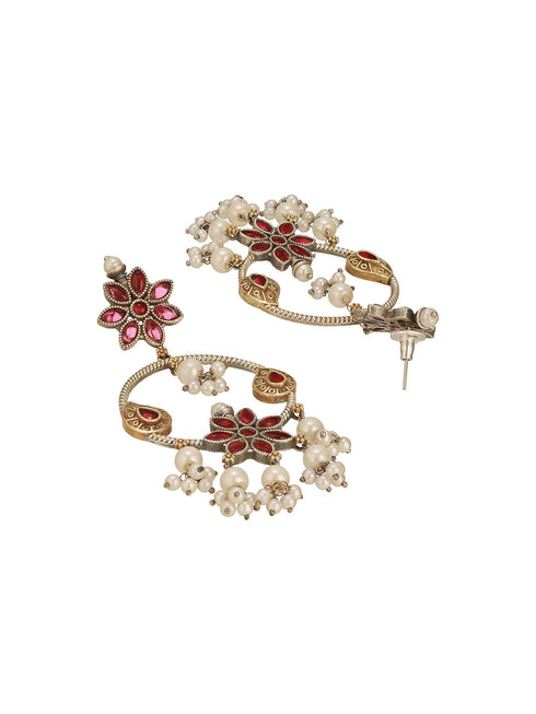 Antique Gold-Toned Pink Stones With Pearl Drop Floral Hoop Contemporary Earrings